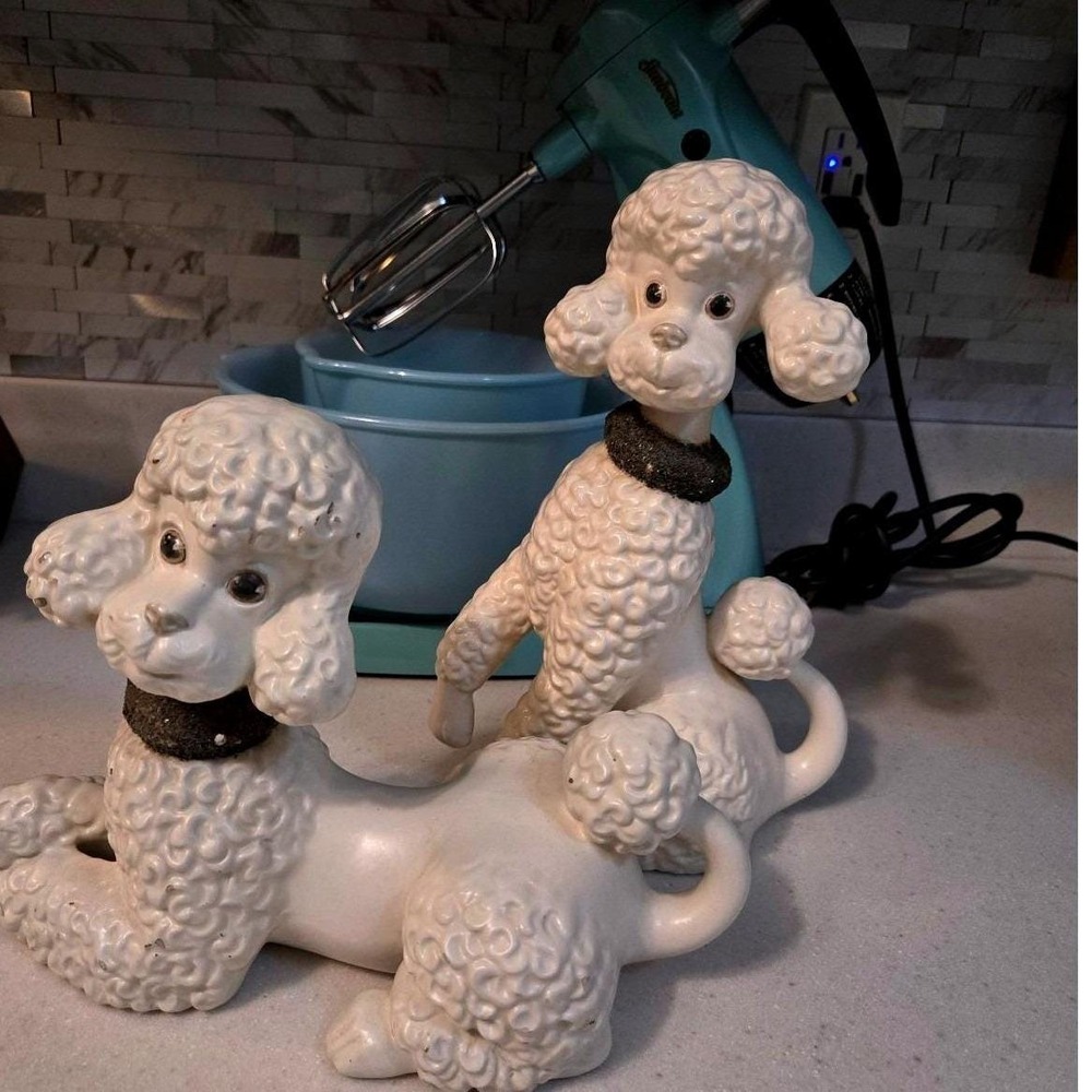Vintage White Ceramic Poodle Figurines Set of 2 Mid Century Modern Spaghetti Fur